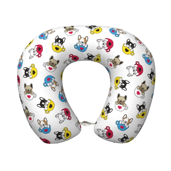 Xecao French Bulldog With Coffee Cup Print Memory Foam Cervical Neck Pillow Versatile U-Shaped Pillows for Home,Office,Camping,Travelling,Soft Washable Cover
