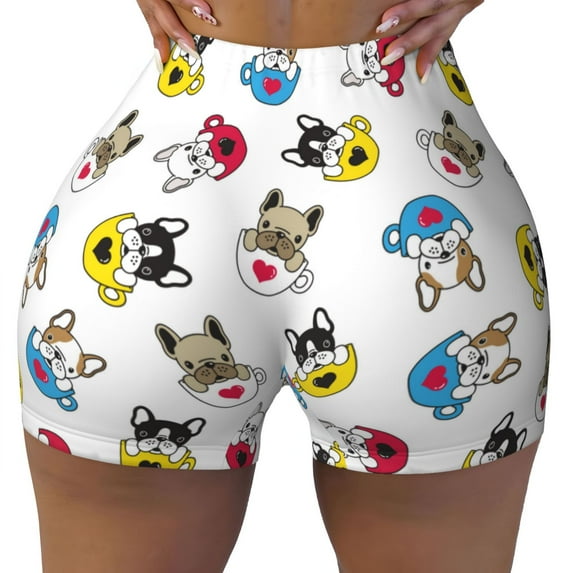 Xecao French Bulldog With Coffee Cup Print Workout Shorts for Women Soft Smooth Gym Yoga Scrunch Active Tennis Workout Running Shorts