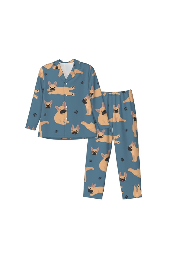 French Bulldog Yoga Print Pajamas Set Mens Pajamas Long Sleeve Loungewear Two-Piece Sleepwear Button-Down Pjs Set,2PJS-Large