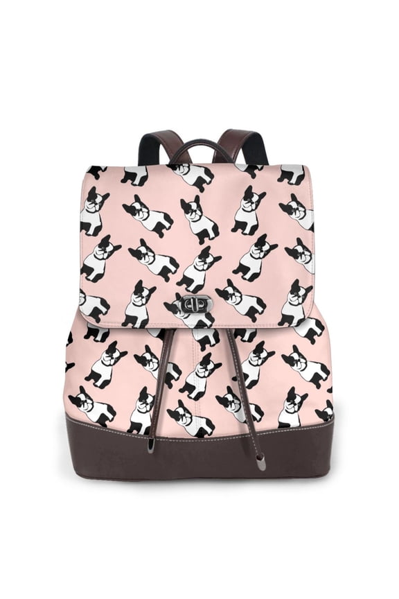 French Bulldog1 Print Large Backpack Soft Leather for Women Travel with Compartment, Adjustable Convertible Strap