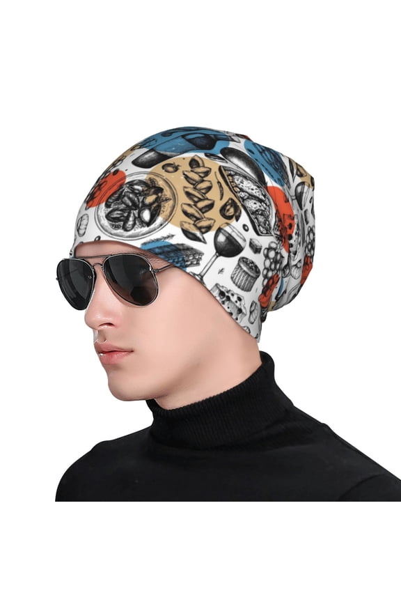 French Food Print Beanie Knitted Hat for Men Women, Winter Fashion Knit Cuffed Caps Unisex