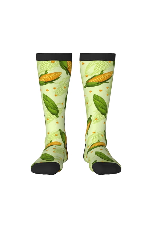 Fresh Corn print thigh-high socks, crafted for both men and women with a stretchy, high-opaque design perfect for daily wear