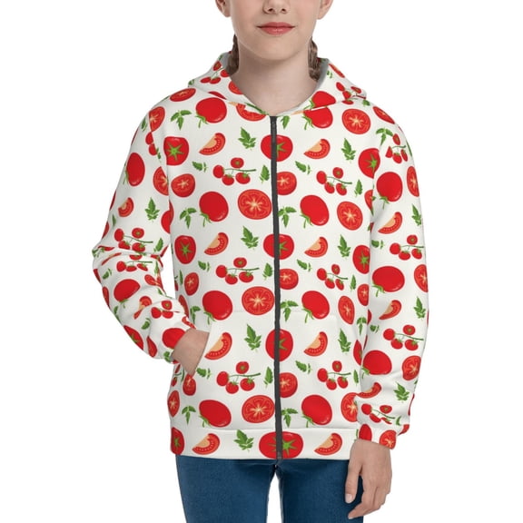 Xecao Fresh Red Tomato Pattern Zip Up Hoodies for Boys Girls, Sweatshirt with Pockets-Small