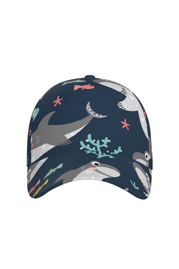 Friendly Smiling Sharks for Baseball Cap: Unisex, crafted from classic polyester twill fabric, featuring a soft unconstructed design