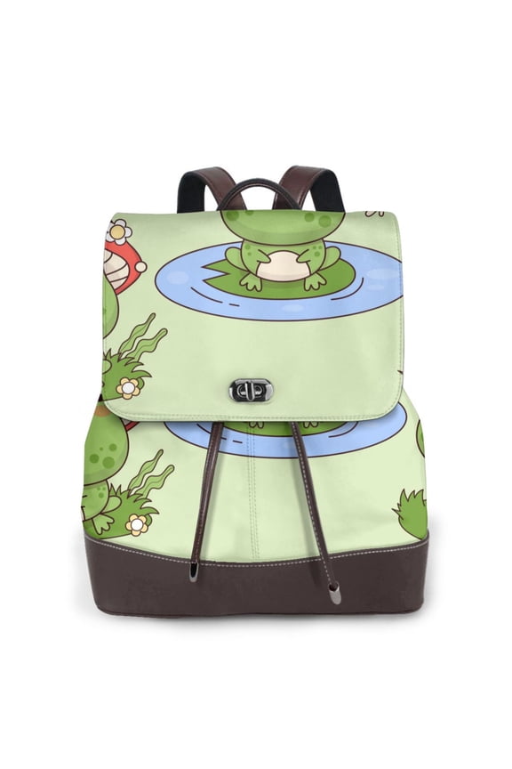 Frog Amanita Mushroom Print Large Backpack Soft Leather for Women Travel with Compartment, Adjustable Convertible Strap