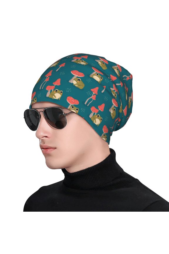 Frog and Mushrooms Print Beanie Knitted Hat for Men Women, Winter Fashion Knit Cuffed Caps Unisex