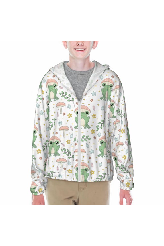 Frog and Mushrooms Print Fishing Shirts for teenager Long Sleeve UV Sun Protection Hoodie with Zipper Outdoor Hiking Shirts-Large