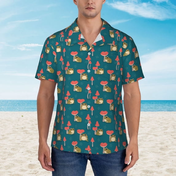 Xecao Frog and Mushrooms print Hawaiian shirt - a stylish short-sleeve button-down for men, perfect for casual beach and tropical outings.