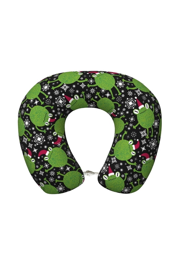 Frogs And Santa Hat Print Memory Foam Cervical Neck Pillow Versatile U-Shaped Pillows for Home,Office,Camping,Travelling,Soft Washable Cover