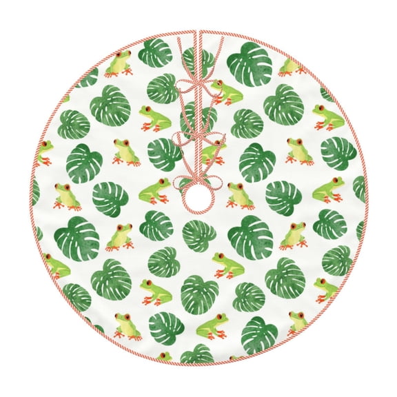 Xecao Frogs And Tropical Leaves Pattern Christmas Tree Skirt Round Xmas Tree Mat Base Cover for Holiday Home Decorations-48"