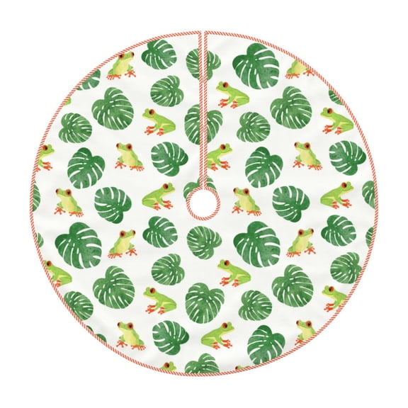 Xecao Frogs And Tropical Leaves Pattern Christmas Tree Skirt Round Xmas Tree Mat Base Cover for Holiday Home Decorations-48"