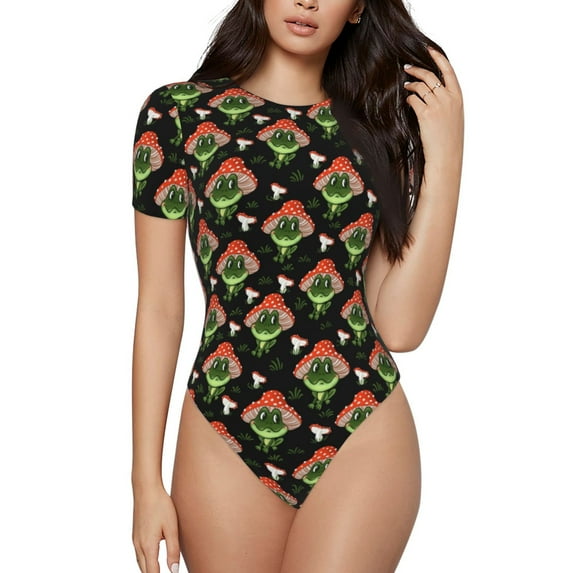 Xecao Frogs In Mushroom Hats Pattern Women's Crew Neck Body Suit, Short-Sleeved Bodysuit and Basic Swimsuit,Both Comfort and Style for Dating and Daily life -XX-Large