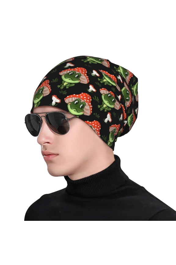 Frogs In Mushroom Hats Print Beanie Knitted Hat for Men Women, Winter Fashion Knit Cuffed Caps Unisex