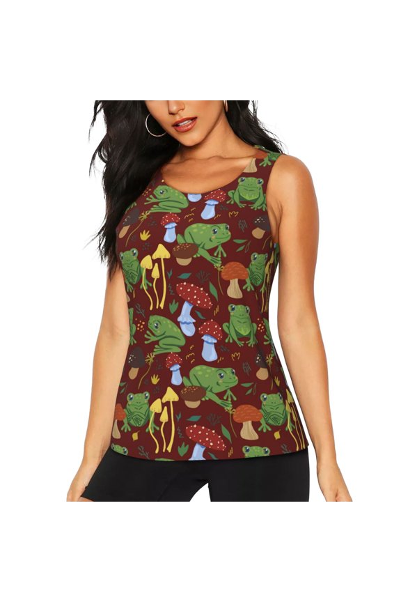 Frogs and Mushrooms print women's scoop neck, loose-fit workout tank tops for the gym.