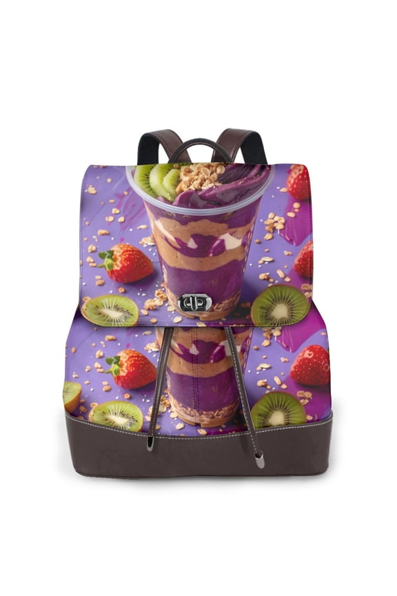Fruit Parfait Colorful Print Large Backpack Soft Leather for Women Travel with Compartment, Adjustable Convertible Strap