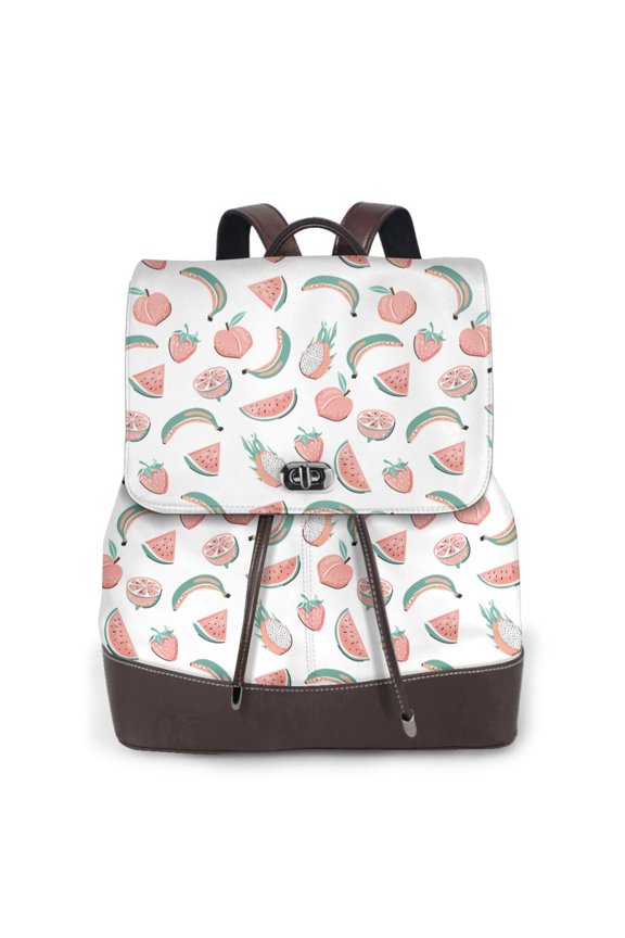 Fruit Print Large Backpack Soft Leather for Women Travel with Compartment, Adjustable Convertible Strap