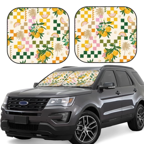 Xecao Fruit for Foldable Car Sun Shades (2-Pack) offer sun protection with an easy-fold design for convenient windshield shading.