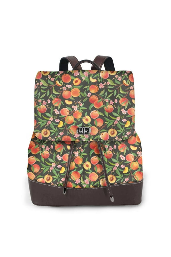 Fruits Peach Print Large Backpack Soft Leather for Women Travel with Compartment, Adjustable Convertible Strap