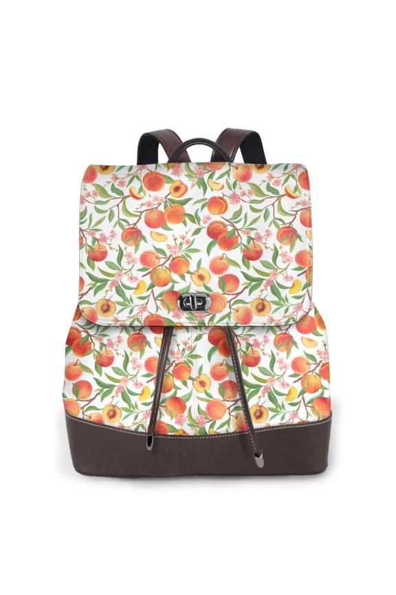 Fruits Peach2 Print Large Backpack Soft Leather for Women Travel with Compartment, Adjustable Convertible Strap