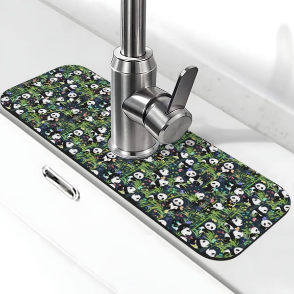 Xecao Fun Panda Playing With Bamboo Leaves for Kitchen Sink Splash Guard Faucet Mat , Faucet Guard & Draining mat, (15" X 5.5" )