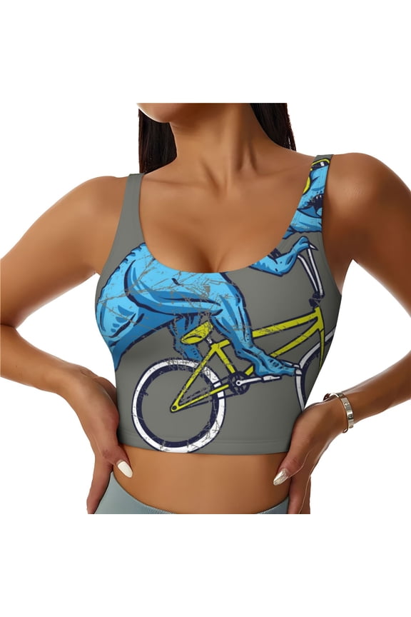 Fun Riding Dinosaur for Sports Bra with Removable Pads, Crop Tank Top Design, Women's Longline Sports Bra - Non-Wired - Small