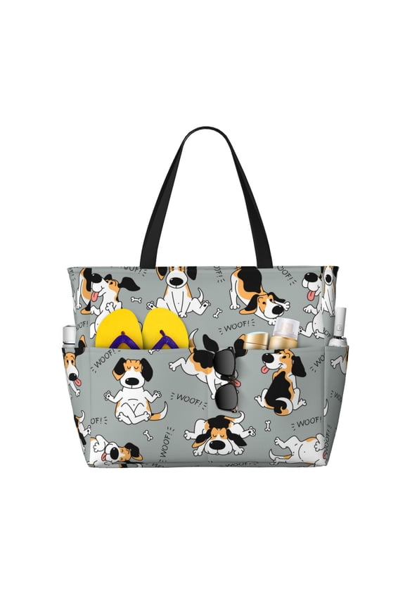 Funny Beagle Active Dog for versatile beach bag for women includes zipper pockets and waterproof material, ideal for vacations and adventures.