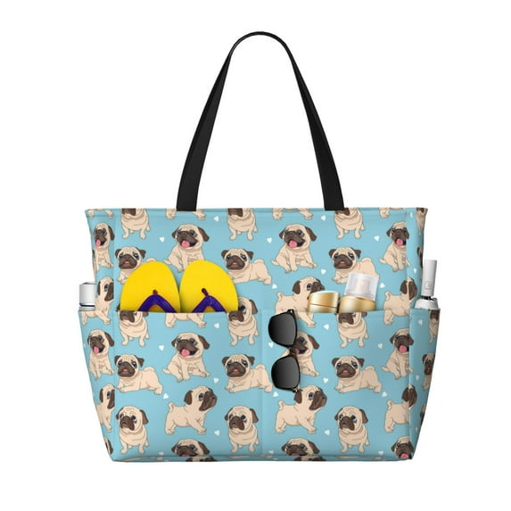 Xecao Funny Cartoon Pugs for versatile beach bag for women includes zipper pockets and waterproof material, ideal for vacations and adventures.