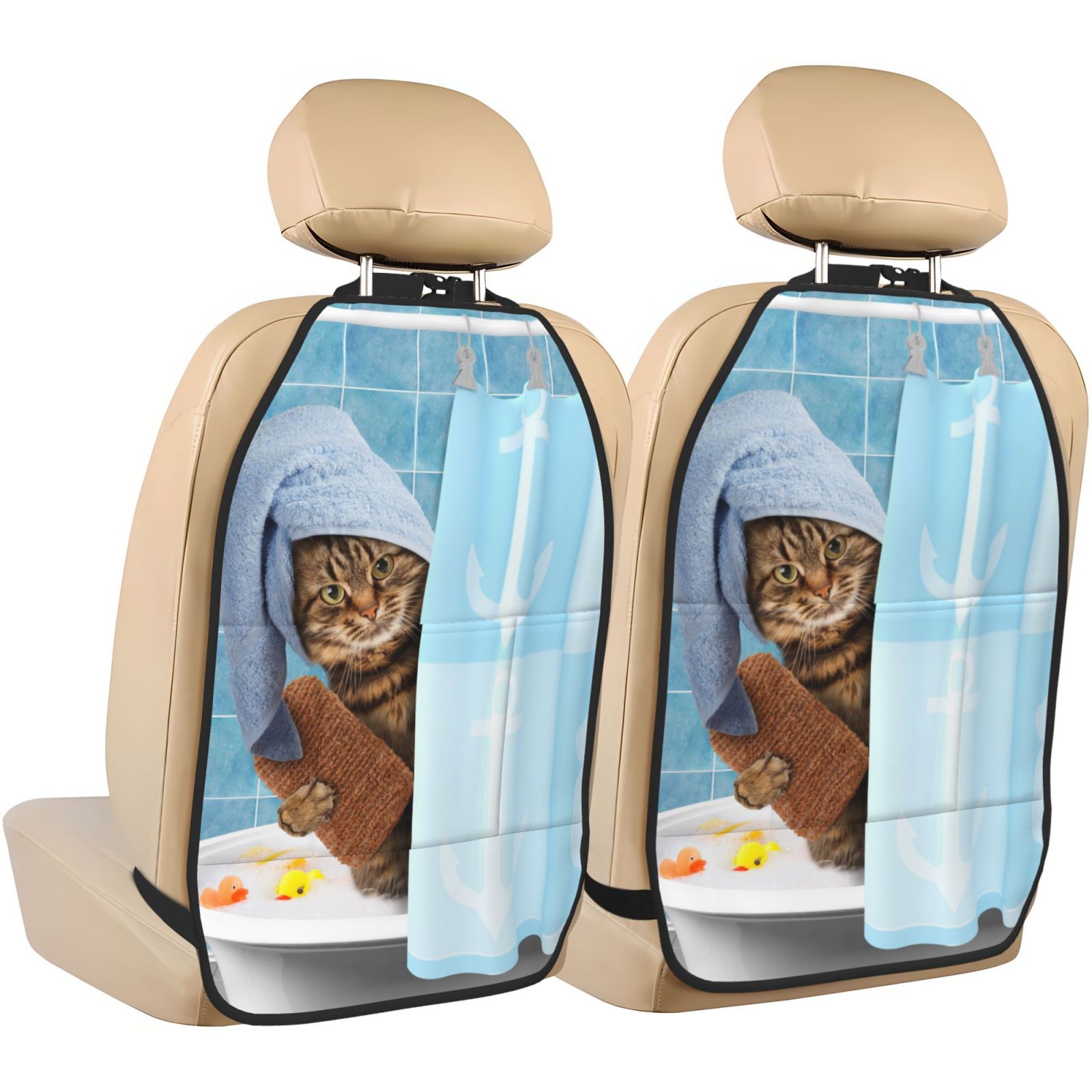 Xecao Funny Cat Taking a Bath Pattern Car Seat Back Protector 2 Pack Large Capacity Pocket, Kick Mats Back Seat Protector