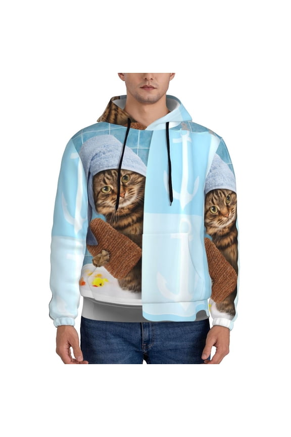 Funny Cat Taking a Bath Pattern Men's Adult Pullover Hoodie,Hooded Sweatshirt-Large