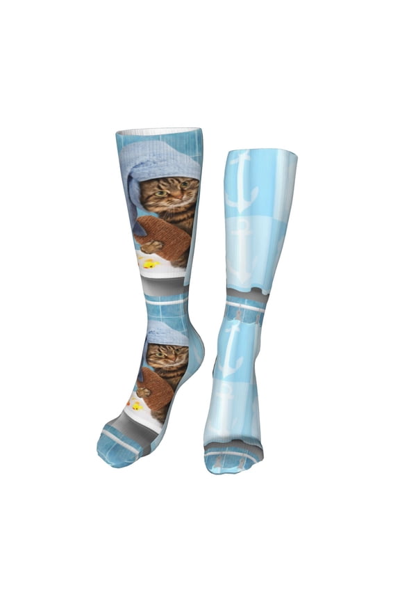 Funny Cat Taking a Bath Print Calf Socks Seamless Toe, Knee High Long Socks, Sports Socks Trouser Socks for Women and Men-One Size