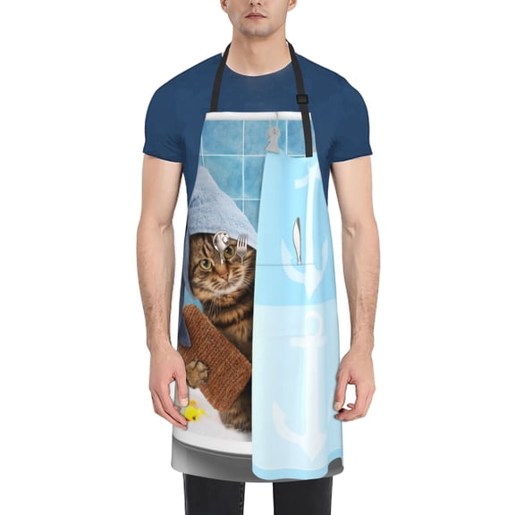 Xecao Funny Cat Taking a Bath Print Kitchen Cooking Aprons, Waterproof Adjustable Bib Aprons with 2 Pockets for Women Men Chef