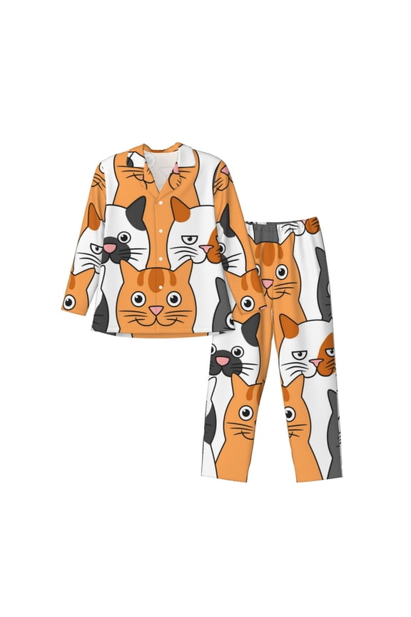 Funny Cats Print Pajamas Set Mens Pajamas Long Sleeve Loungewear Two-Piece Sleepwear Button-Down Pjs Set,2PJS-Small