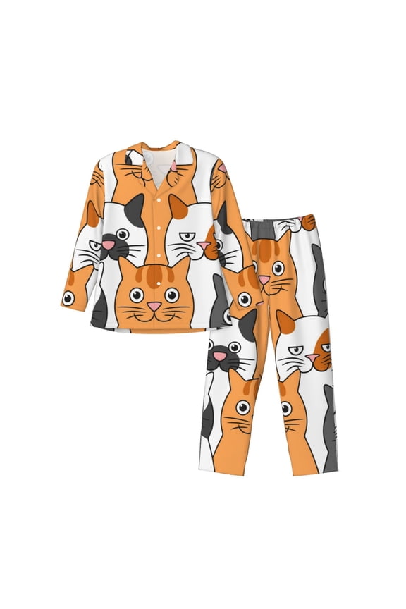 Funny Cats Print Pajamas Set Mens Pajamas Long Sleeve Loungewear Two-Piece Sleepwear Button-Down Pjs Set,2PJS-X-Large