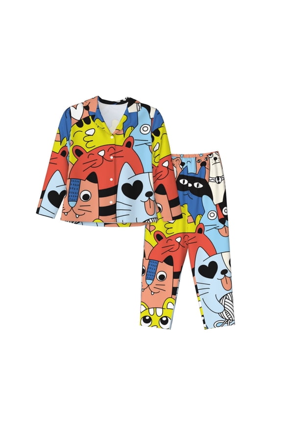 Funny Cats Print Women Pajamas Set Soft Sleepwear Pjs long Sleeve Button Down Nightwear with Long Pants