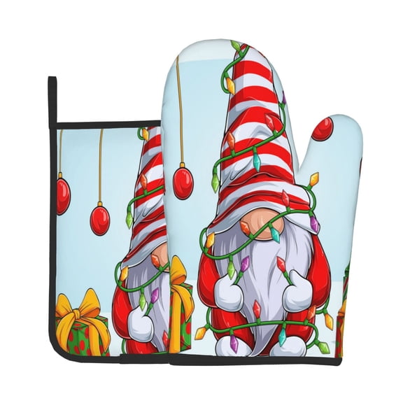 Xecao Funny Christmas Gnome Pattern Oven Mitts and Pot Holders Sets Heat Resistant Silicone Oven Mittens Extra Thicken Long Kitchen Cotton Oven Glove for Cooking