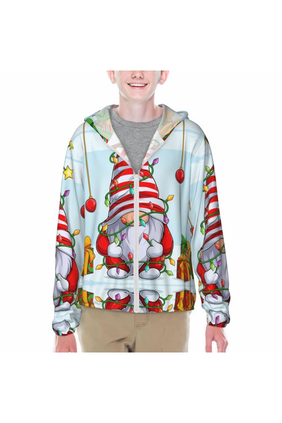 Funny Christmas Gnome Print Fishing Shirts for teenager Long Sleeve UV Sun Protection Hoodie with Zipper Outdoor Hiking Shirts-Medium