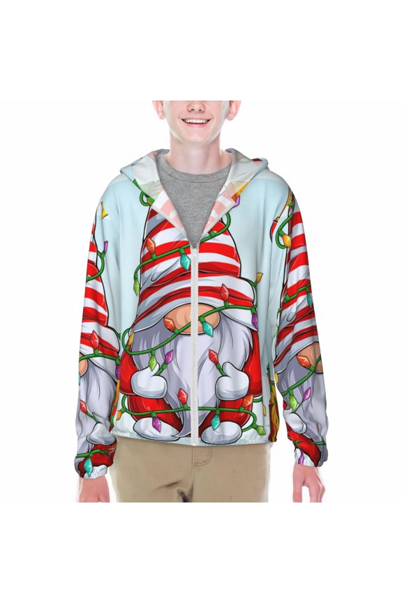 Funny Christmas Gnome Print Fishing Shirts for teenager Long Sleeve UV Sun Protection Hoodie with Zipper Outdoor Hiking Shirts-X-Large