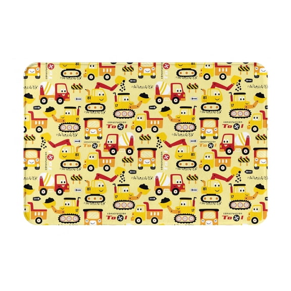 Xecao Funny Construction Vehicles print Flannel Mat: Non-slip, 16x24in. Ideal for kitchen, bedroom, bath & living room.