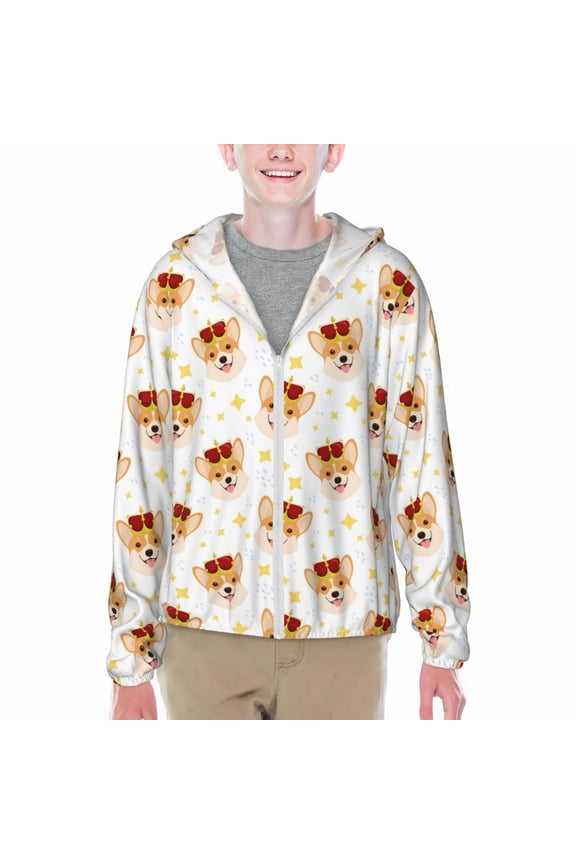 Funny Corgi Print Fishing Shirts for teenager Long Sleeve UV Sun Protection Hoodie with Zipper Outdoor Hiking Shirts-Large