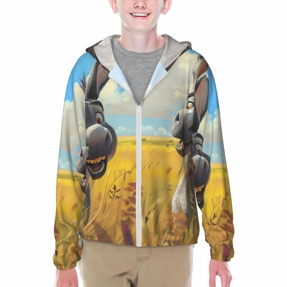 Xecao Funny Countryside Donkey Print Fishing Shirts for teenager Long Sleeve UV Sun Protection Hoodie with Zipper Outdoor Hiking Shirts-XX-Large
