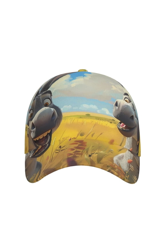 Funny Countryside Donkey for Baseball Cap: Unisex, crafted from classic polyester twill fabric, featuring a soft unconstructed design