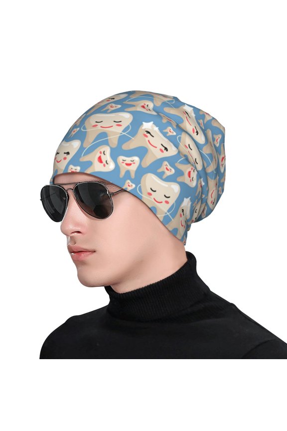Funny Cute Healthy Teeth Print Beanie Knitted Hat for Men Women, Winter Fashion Knit Cuffed Caps Unisex