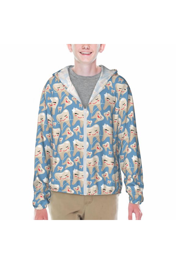 Funny Cute Healthy Teeth Print Fishing Shirts for teenager Long Sleeve UV Sun Protection Hoodie with Zipper Outdoor Hiking Shirts-Medium