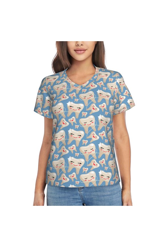 Funny Cute Healthy Teeth for Women's V-Neck T-Shirts-Elegant Half-Sleeve Tops Perfect for Summer-Large