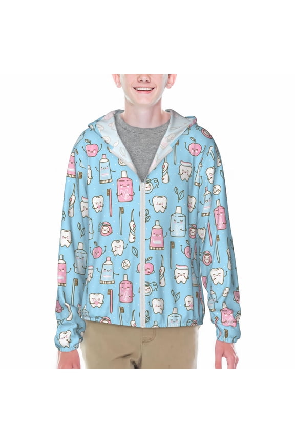 Funny Cute Teeth Print Fishing Shirts for teenager Long Sleeve UV Sun Protection Hoodie with Zipper Outdoor Hiking Shirts-Medium