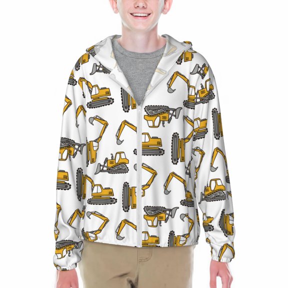 Xecao Funny Excavator Print Fishing Shirts for teenager Long Sleeve UV Sun Protection Hoodie with Zipper Outdoor Hiking Shirts-Medium