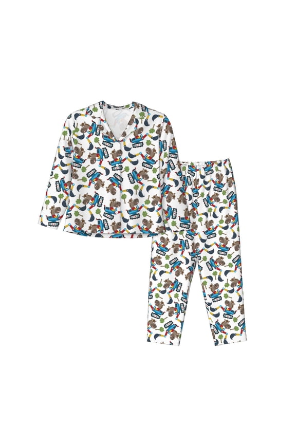Funny Excavator Print Women Pajamas Set Soft Sleepwear Pjs long Sleeve Button Down Nightwear with Long Pants