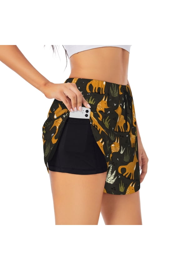 Funny Fox by the Field for Double-layer Running Short for Women, Perfect for Gym, Tennis, and More, Featuring a Convenient Pocket-