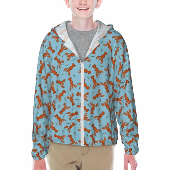 Xecao Funny Lobsters Print Fishing Shirts for teenager Long Sleeve UV Sun Protection Hoodie with Zipper Outdoor Hiking Shirts-Medium