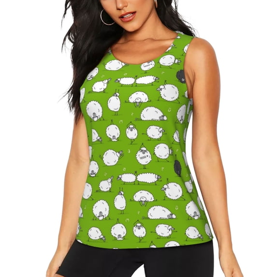Xecao Funny Sheep Doing Yoga print women's scoop neck, loose-fit workout tank tops for the gym.